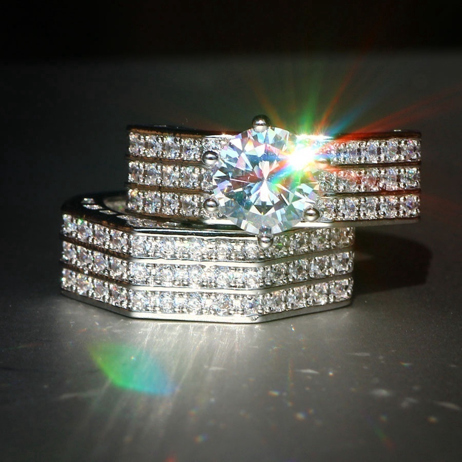 Nhẫn mạ bạc 925 thiết kế nhiều lớp đính đá sapphire màu trắng thời trang sang trọng cho nữ