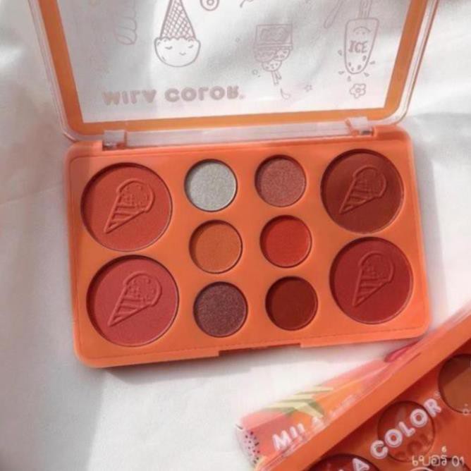 Bảng Phấn Mắt kèm theo má Hồng Tone cam Mila icecream gồm 10 ô tròn siêu xinh.