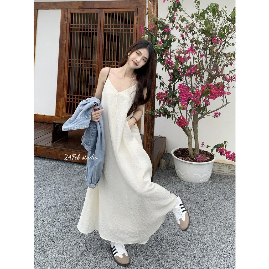 [VN36] [Sẵn hàng] Váy hai dây tơ chất đũi lụa cổ V dáng suông dài phong cách Hàn Quốc