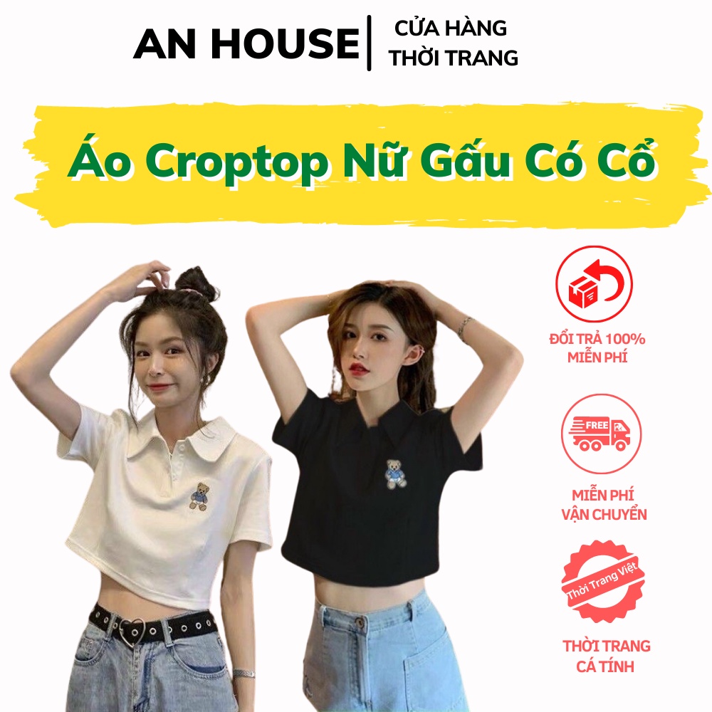 Áo Nữ Croptop 🌺An House🌺 Áo Croptop Nữ Gấu Có Cổ Xì Tin Dễ Thương Chuẩn From AB35