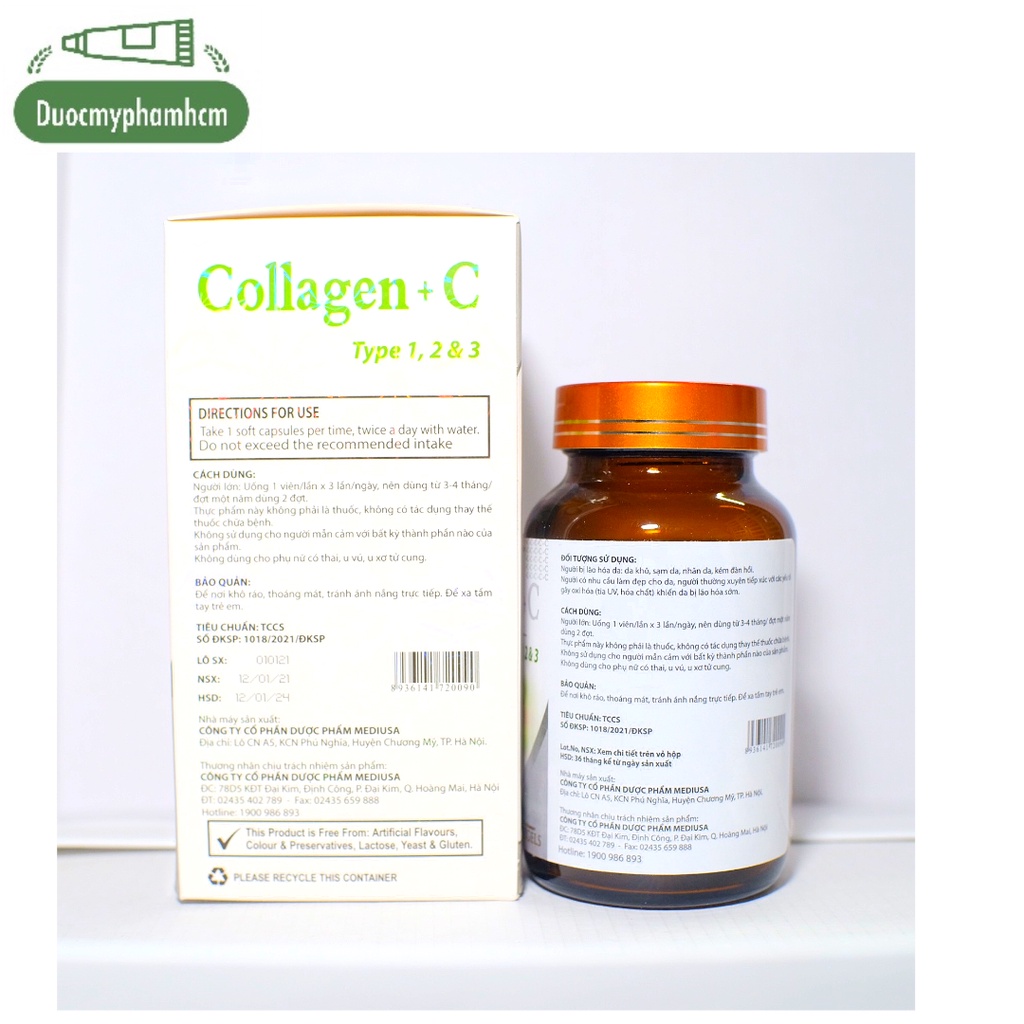 Collagen C + Trắng,Viên Uống Đẹp Da, Trắng Da 16000mg, đẹp da, sáng da, mờ thâm, chống lão hóa Hộp 60 viên