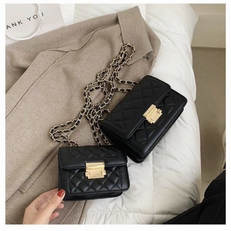 Túi đeo chéo, đeo vai khoá bấm trần ô trám dây xích phối da phong cách đơn giản