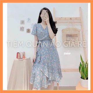 Đầm nữ thiết kế buộc nơ eo dáng váy xòe vạt chéo cổ chữ v họa tiết hoa nhí _dqc26