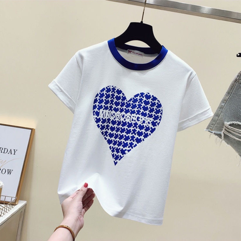 Áo Thun Cotton Cổ Tròn Tay Ngắn In Hình Trái Tim Phối Màu Thời Trang Mùa Hè Hàn Quốc Mới 2022 Dành Cho Bạn Nữ