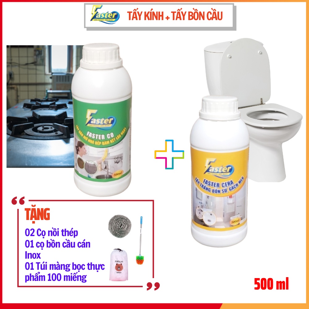 Combo Nước Tẩy Dầu Mỡ Nhà Bếp Lâu Ngày &amp; Tẩy Trắng Bồn Sứ, Tẩy Trắng Gạch Nhà Vệ Sinh Faster Plus 500ml