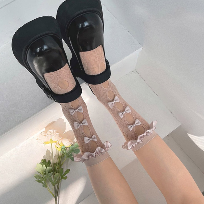 Tất Lửng Vải Satin Viền Ren Đính Nơ Phong Cách Lolita Hàn Quốc