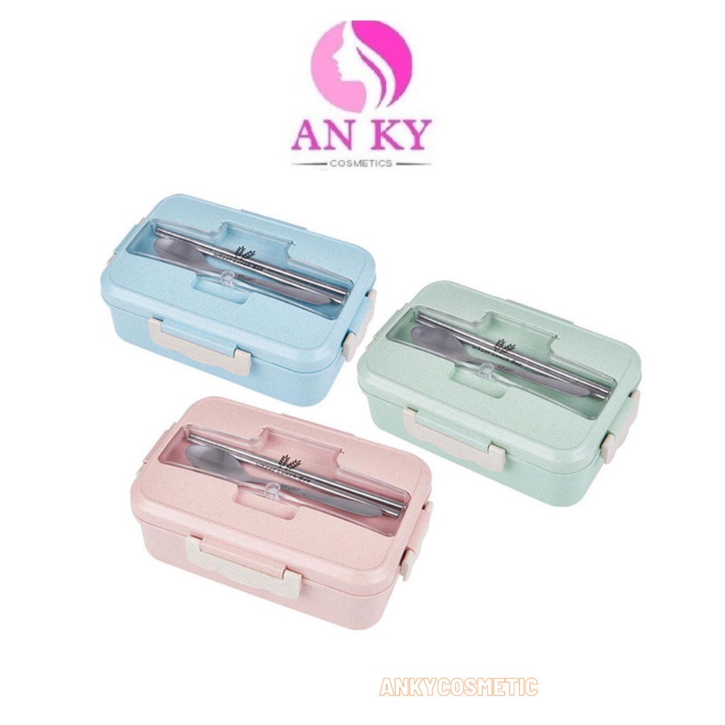 Hộp cơm lúa mạch 3 ngăn kèm đũa thìa inox cao cấp