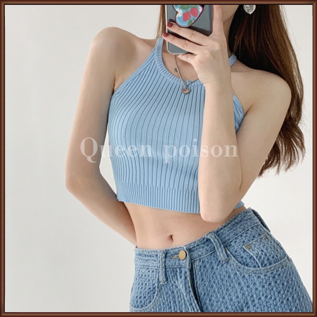 Áo Croptop Dệt Kim Sát Nách Màu Sắc Đơn Giản Phong Cách Retro