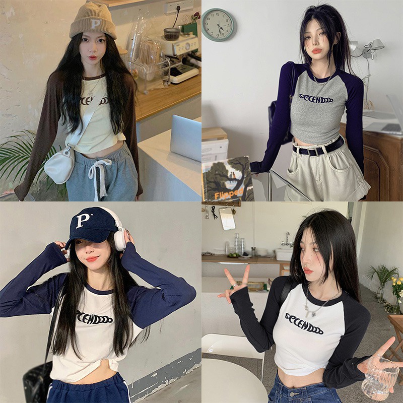 Áo Thun Crop Top Ôm Dáng Tay Dài Cổ Tròn In Chữ Màu Sắc Tương Phản Phong Cách Hàn Quốc Thời Trang Cho Nữ