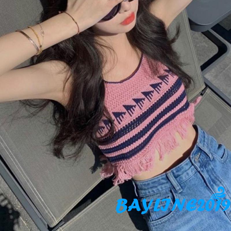Áo Lửng Cổ Yếm Họa Tiết Sọc Ngang Thời Trang Quyến Rũ Dành Cho Nữ