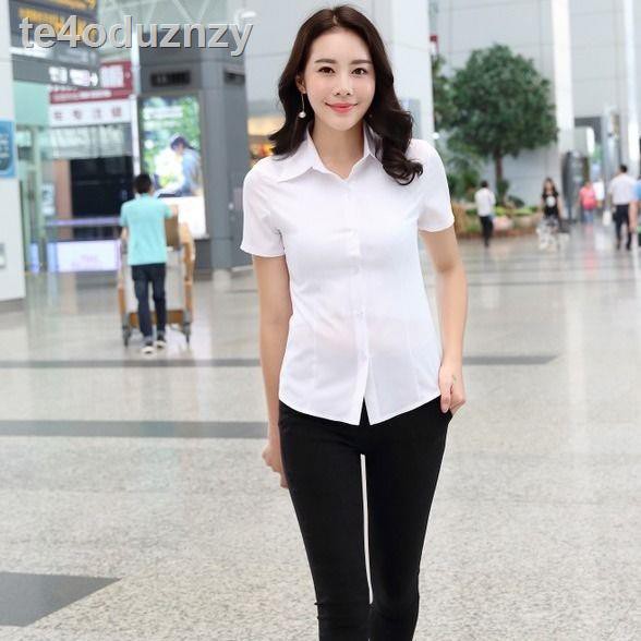 Mùa xuân / hè mới Áo sơ mi trắng nữ tay ngắn kiểu dáng Hàn Quốc mỏng Quần bảo hộ lao động trang trọng cơ bản cỡ lớn