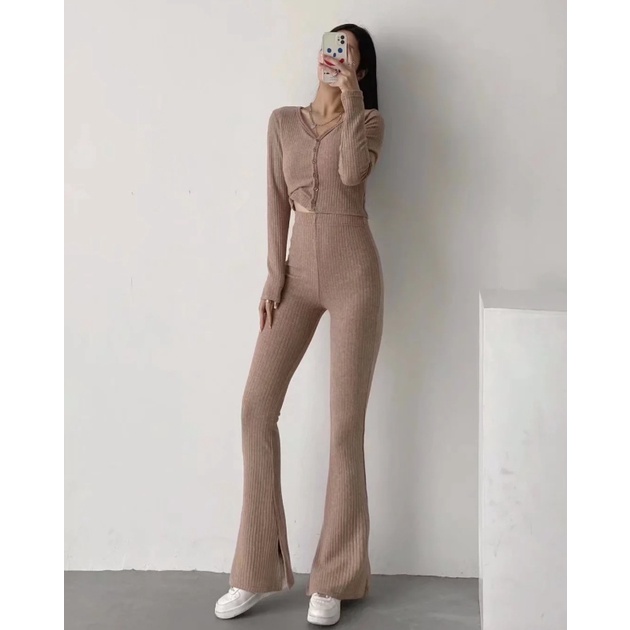 Chân Siêu Dài Hot Girl Quần Dài Gợi Cảm Quần Micro-Flared Thiết Kế Quần Slit loe Ôm Hơn Nhìn Kaki Quần Thường Ngày Quần Dệt Kim Quần Dài Tầng Drape Sàn-