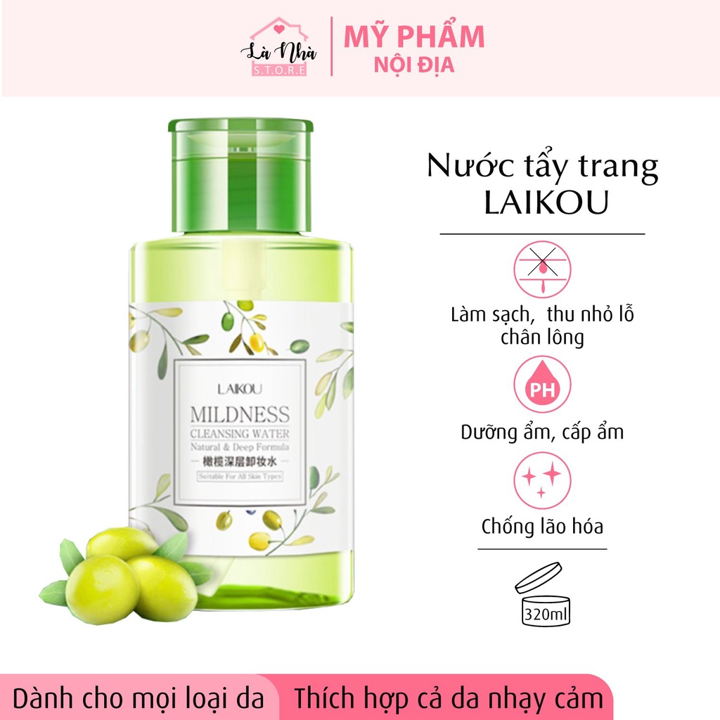 Nước tẩy trang Laikou 320ml- sản phẩm làm sạch da mặt cao cấp không cồn, sạch sâu, dịu nhẹ, thích hợp với mọi loại da
