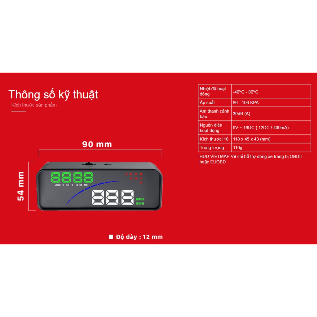 VIETMAP HUD V9 Màn Hình HUD Hiển Thị Thông Tin Trên Kính Lái Ô Tô - Phụ Kiện Ô tô