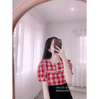 Áo kẻ caro tay bồng cổ bèo