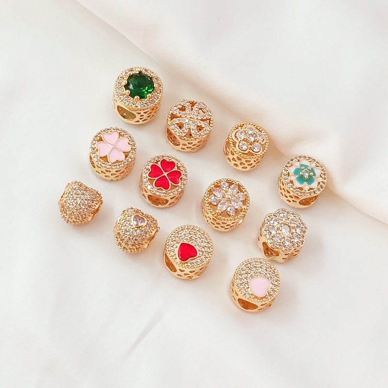 Hạt Cườm Mạ Vàng 14K Hình Trái Tim Bốn Lá Đính Đá Zircon Diy