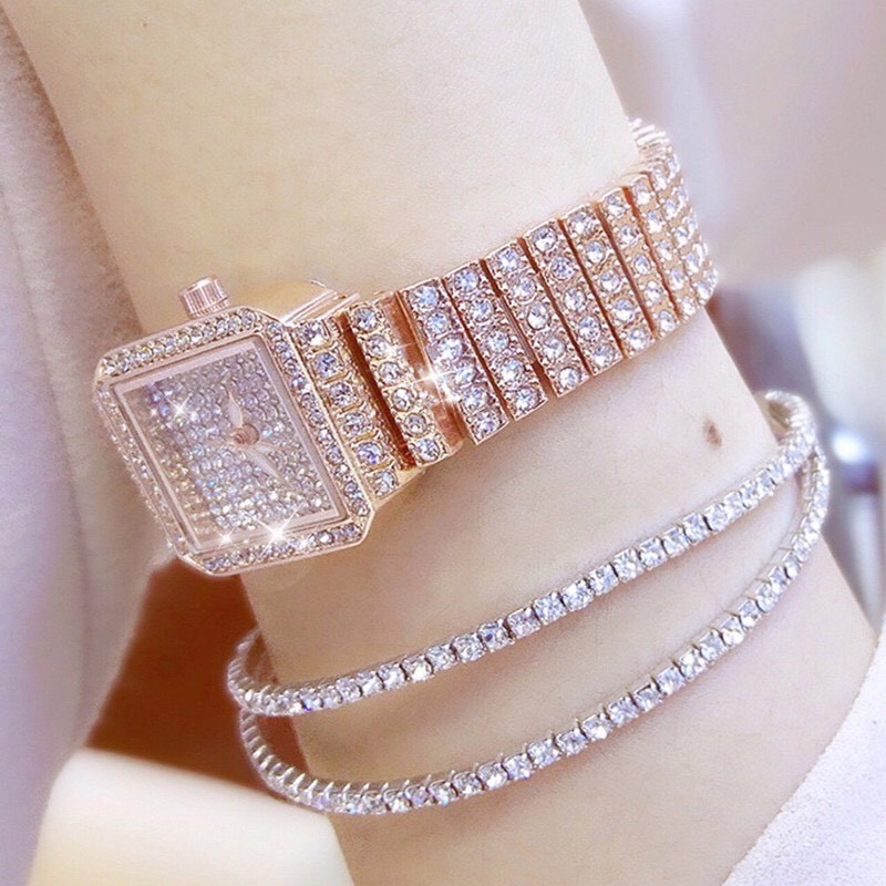 Đồng Hồ Nữ BEESISTER BS14 Mặt Vuông Đính Full Đá Siêu Đẹp Dây Thép Không Gỉ