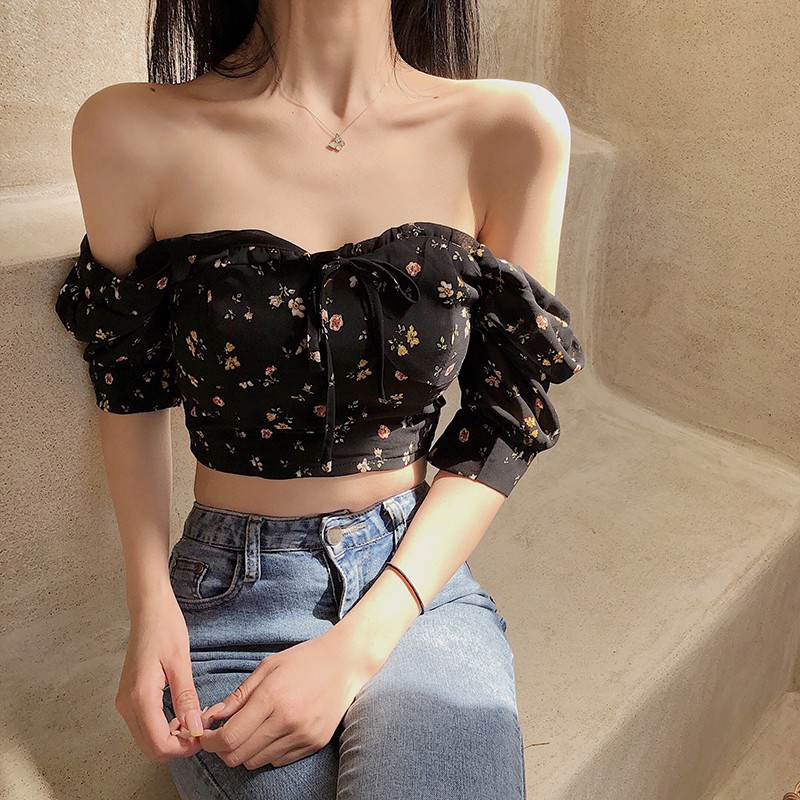 Áo Voan Kiểu FREESHIP Giảm 5k nhập mã [ AO CROPTOP ]  Áo Croptop voan nữ tay phồng Hàn Quốc