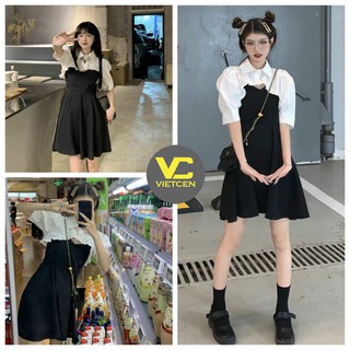 Set váy 2 dây xòe mix áo croptop sơ mi trắng thời trang nữ cá tính - VIETCEN