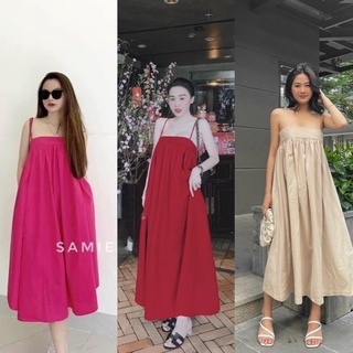 Váy maxi đi biển, đầm dây hở lưng cúp ngực from rộng dáng dài dạo phố hai màu sang chảnh