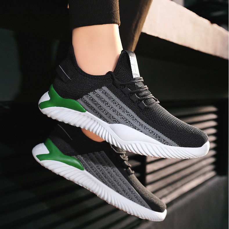 Giày thể thao nam giày sneaker nam W61 dệt sợi cao cấp êm chân thoáng khí phối màu đen trắng nổi bật