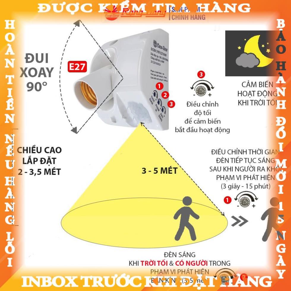 Đui đèn cảm biến chuyển động Rạng Đông hồng ngoại tự động bật tắt , Đui đèn E27 cảm ứng chuyển động nghitruong