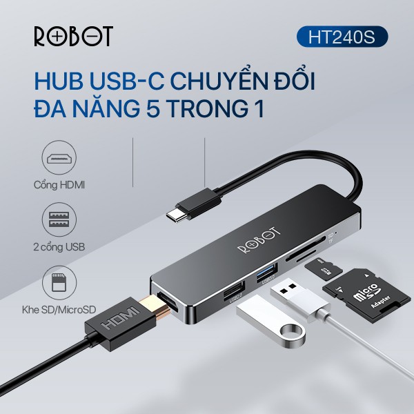 HUB USB-C Chuyển Đổi Đa Năng 5 In 1 ROBOT HT240S Type-C Cổng Kết Nối USB 3.0/HDMI/PD/SD/TF | BigBuy360 - bigbuy360.vn
