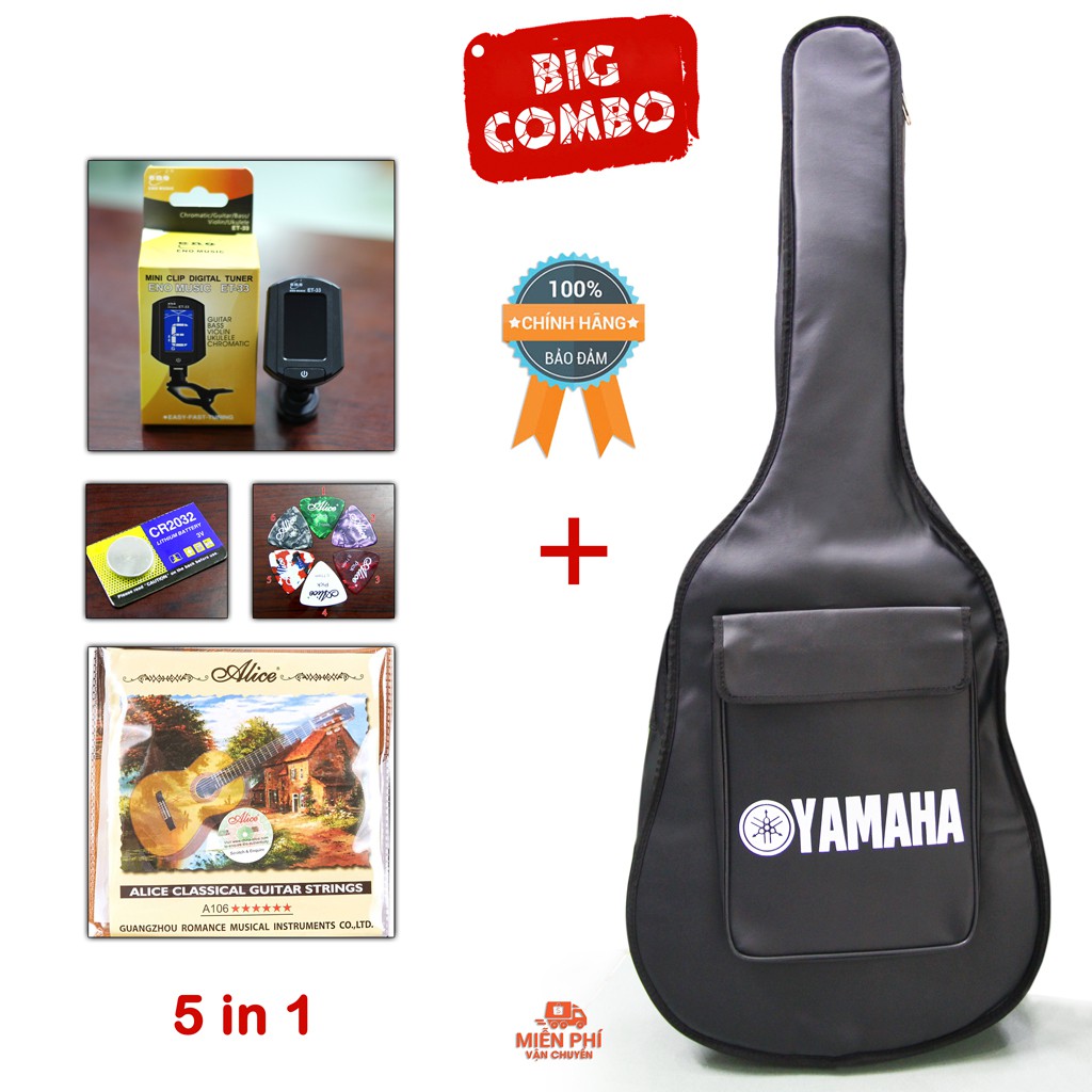 Combo 5 phụ kiện đàn Guitar : Bao da 3 lớp Yamaha + Máy lên dây ET-33 + Dây đàn Alice A106 + 1 Pin CR2032 + 1 Phím Gãy