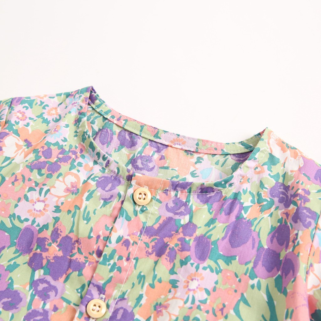 Áo liền quần SANLUTOZ vải cotton in hoa + băng đô buộc đầu thời trang cho bé gái