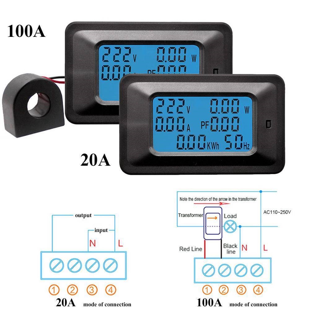Đồng hồ điện xoay chiều PCBFUN kiểm tra vôn kế màn hình LCD kỹ thuật số AC 110-250V 20A/100A 6 trong 1 tiện dụng