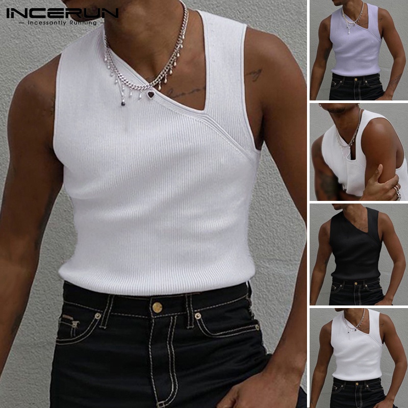 Áo INCERUN dệt kim không tay dáng ôm thiết kế cổ áo độc đáo thời trang cho nam