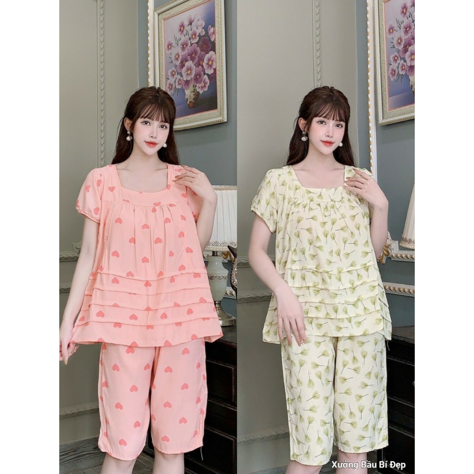 Bộ đồ bầu và sau sinh LỬNG TAY CỘC chất Đũi cao cấp mềm mát với họa tiết siêu kute cho mẹ bầu BL871