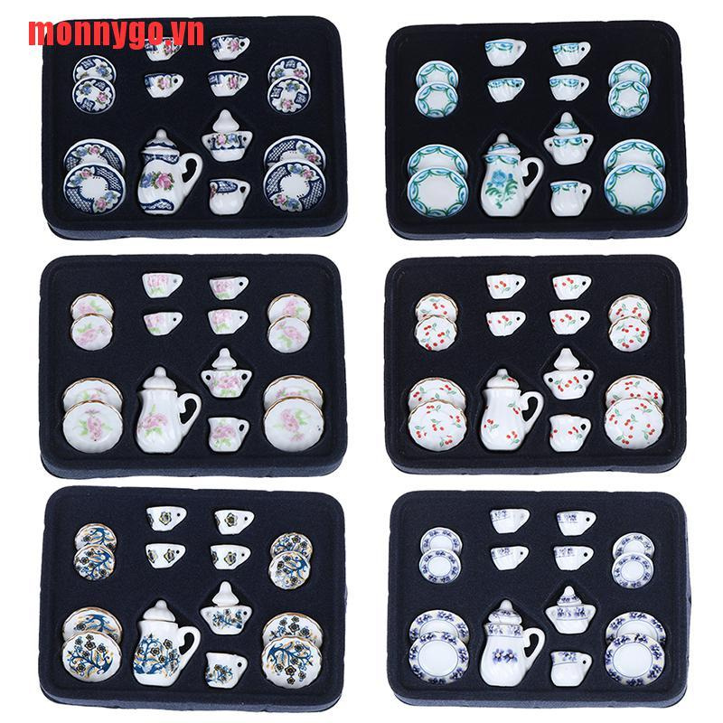 [monnygo]1:12 Miniature 15pcs Porcelain Tea Cup Set Chintz Flower Tableware