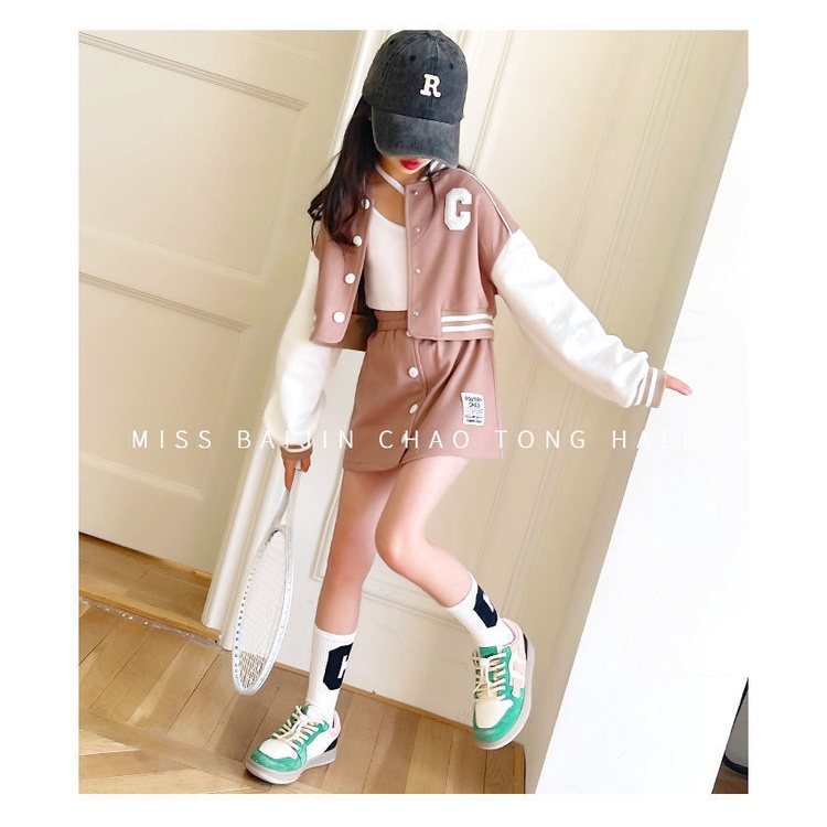 Bộ Trang Phục Thể Thao Hai Mảnh Áo Khoác Bóng Chày + Váy Ngắn Kiểu Hàn Quốc Thời Trang Xuân Thu 2023 Mới Cho Bé Gái