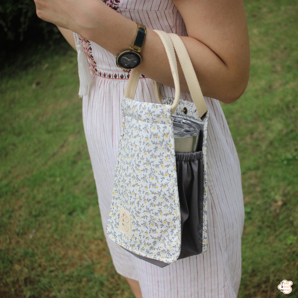 Túi vải đựng bình nước họa tiết hoa nhí xám Tancupholder