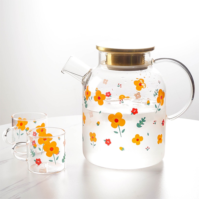Bộ bình trà thủy tinh họa tiết hoa trái cây nghệ thuật