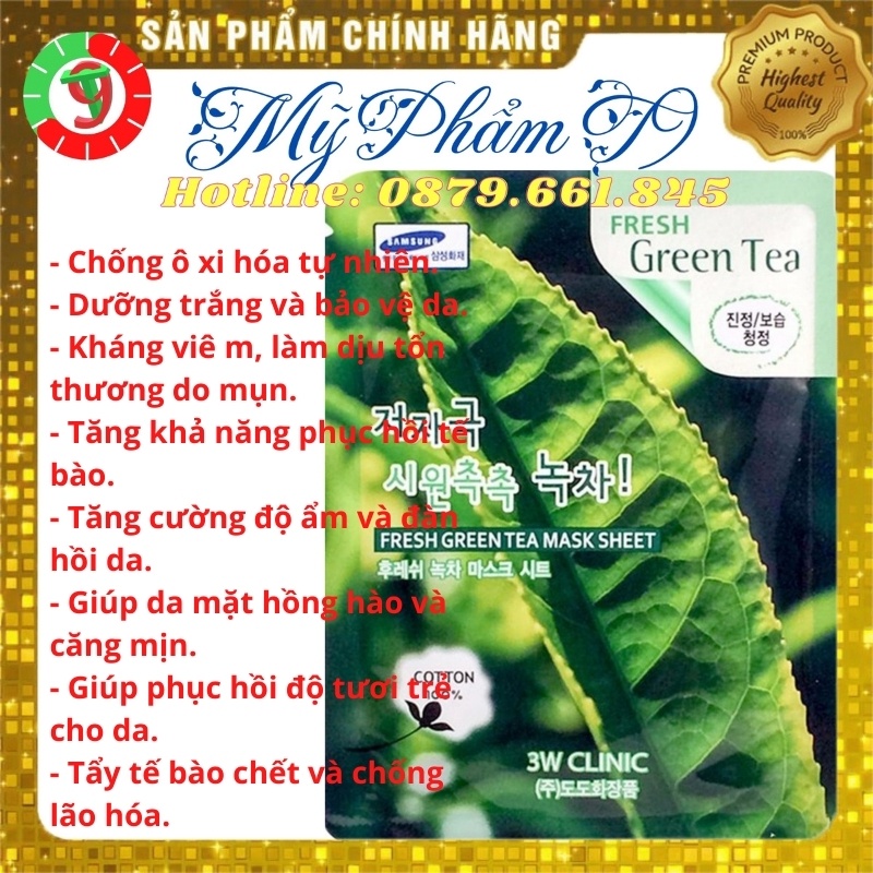 30 Mặt nạ giấy dưỡng da làm trắng và cấp ẩm chăm sóc da thiên nhiên trà xanh 3W Clinic Fresh Green Tea Mask Sheet