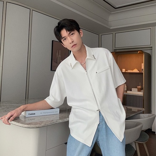 Áo Sơ Mi Tay Ngắn Có Khóa Kéo Đôi Và Nút Kim Loại Phong Cách Hàn Quốc Thời Trang Mới Cho Nam