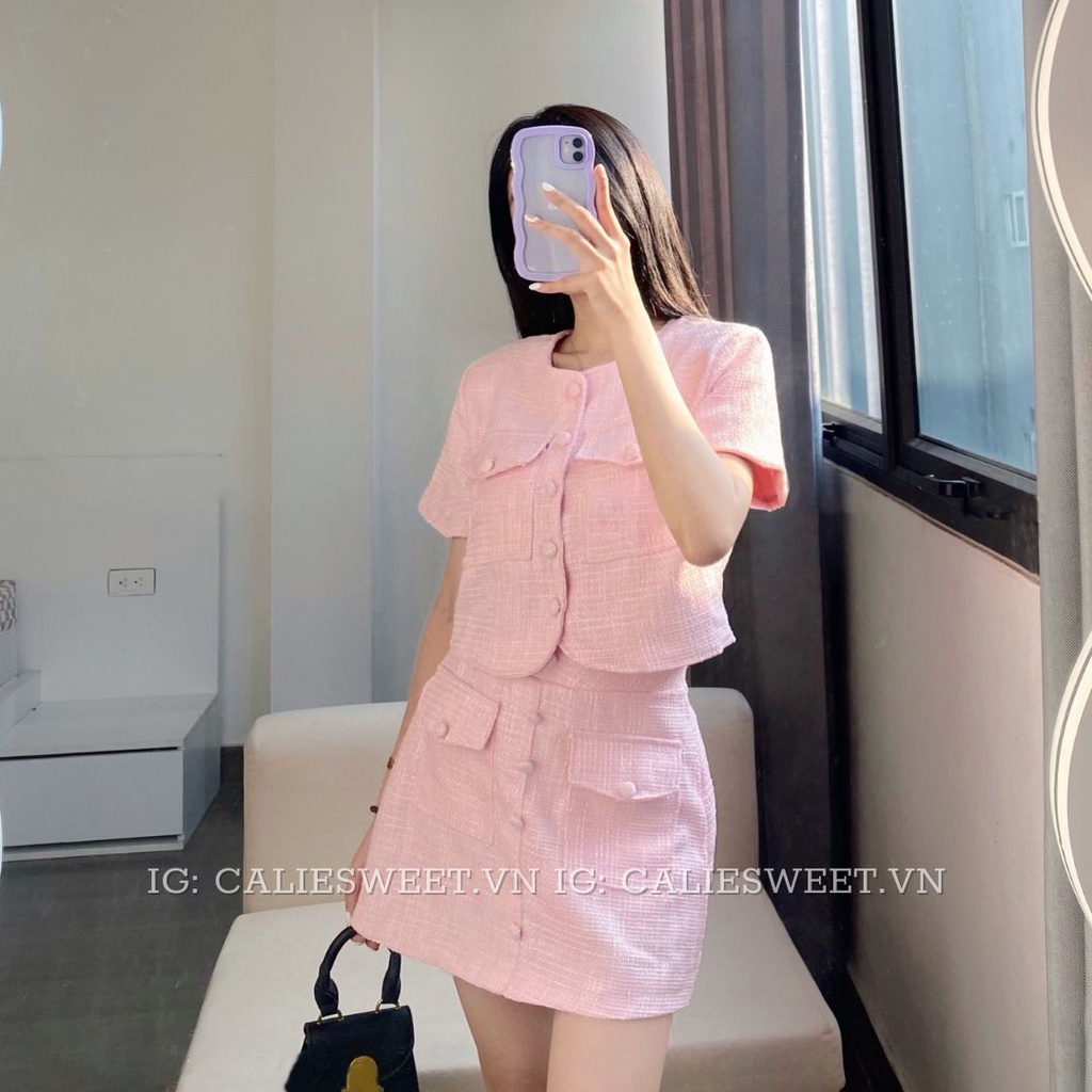 Set dạ tweed nữ Caliesweet Set áo khoác dạ tweed kèm chân váy 2 lớp dày dặn