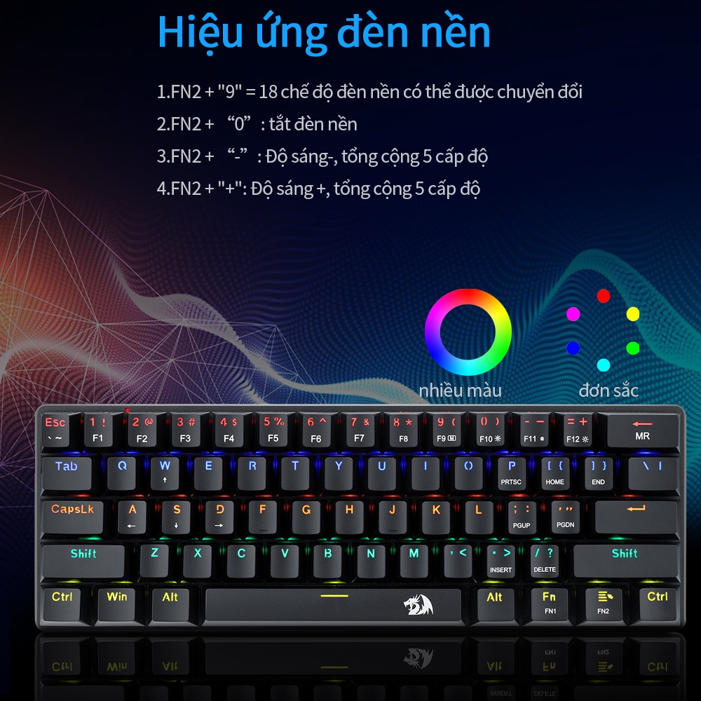 Bàn Phím Cơ Game Redragon Jax K613 Blue Switch 61 Phím Dây Cáp Tháo Rời Tiện Lợi công tắc xanh