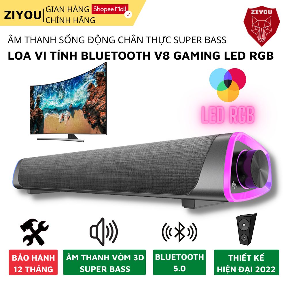 Loa Bluetooth Vi Tính, Máy Tính Để Bàn Ziyou V8 Âm Thanh Sống Động Super Bass, Có LED Rgb, Kết Nối Điện Thoại,Laptop,PC