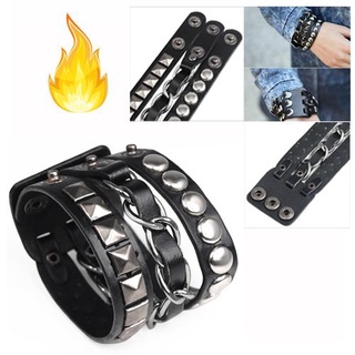 Vòng Tay Da Nhiều Lớp Đính Đinh Tán Phong Cách Punk Rock