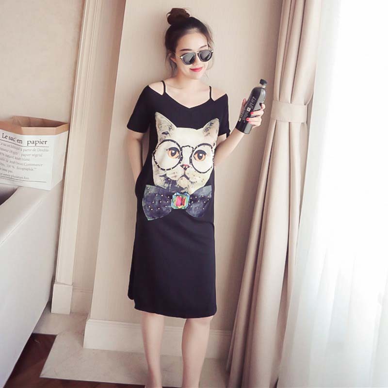 Đầm thun khoét vai họa tiết kẻ ngang in hình ngộ nghĩnh | BigBuy360 - bigbuy360.vn