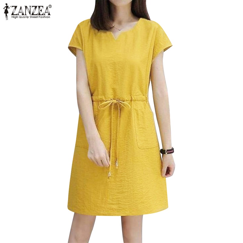 Đầm Zanzea tay ngắn lưng cao màu trơn có dây rút phong cách cổ điển cho nữ