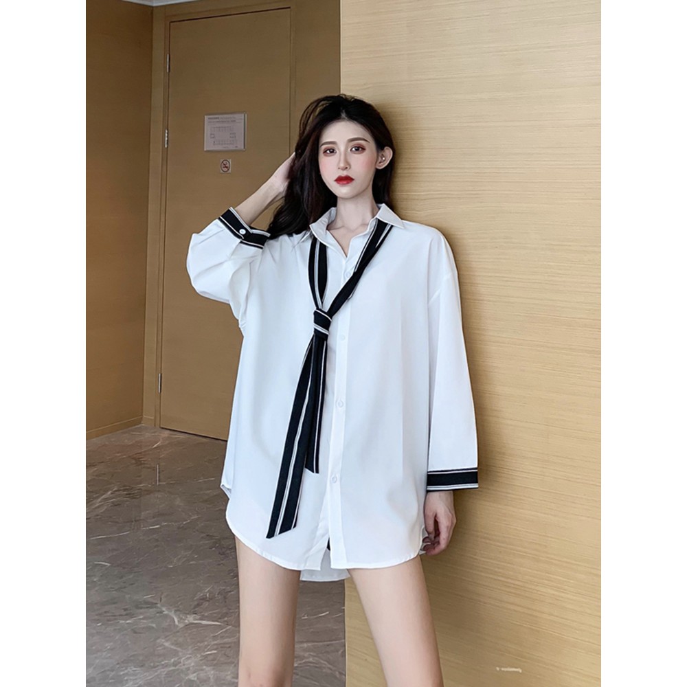 (ORDER) Áo sơ mi nữ dài tay form rộng phối viền đen trắng kèm cavat style retro Hong Kong cá tính (HOT NEW 2020)