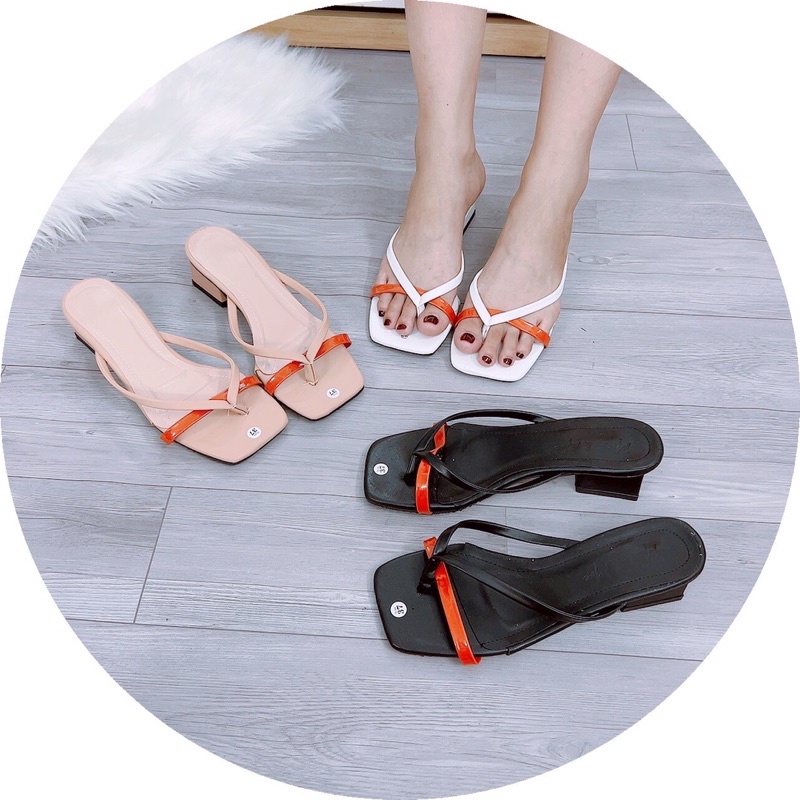 Dép nữ cao gót xỏ ngón quai ngang màu cam gót vuông 4cm mới độc lạ
