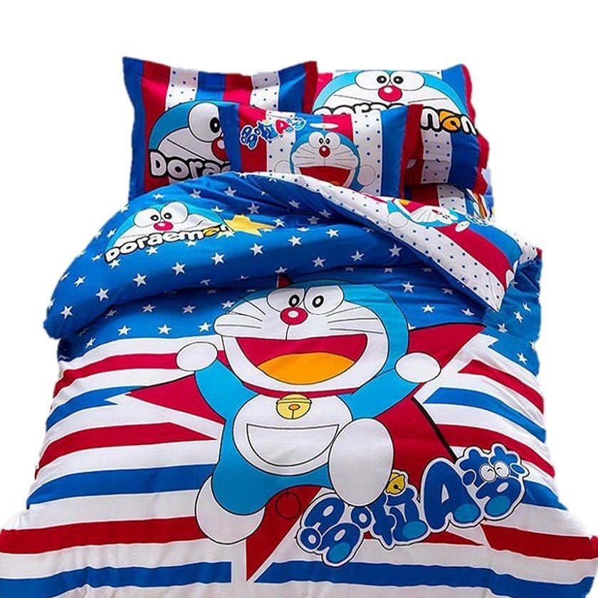 SÉT 4 MÓN BỘ GA PHỦ VỎ GỐI CHĂN LỒNG RUỘT TRẦN DOREMON CHẤM BI