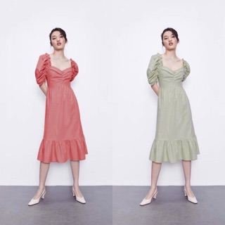 Váy midi nhún cổ phối tay bồng - sẵn 03 màu