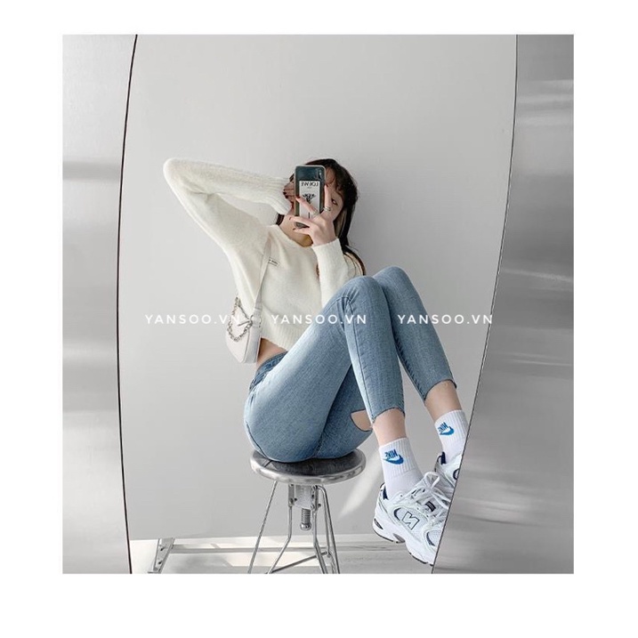 Quần jean bó skiny xanh rách đùi hai mặt , quần bò ôm giãn cạp cao hách dáng by YANSOO