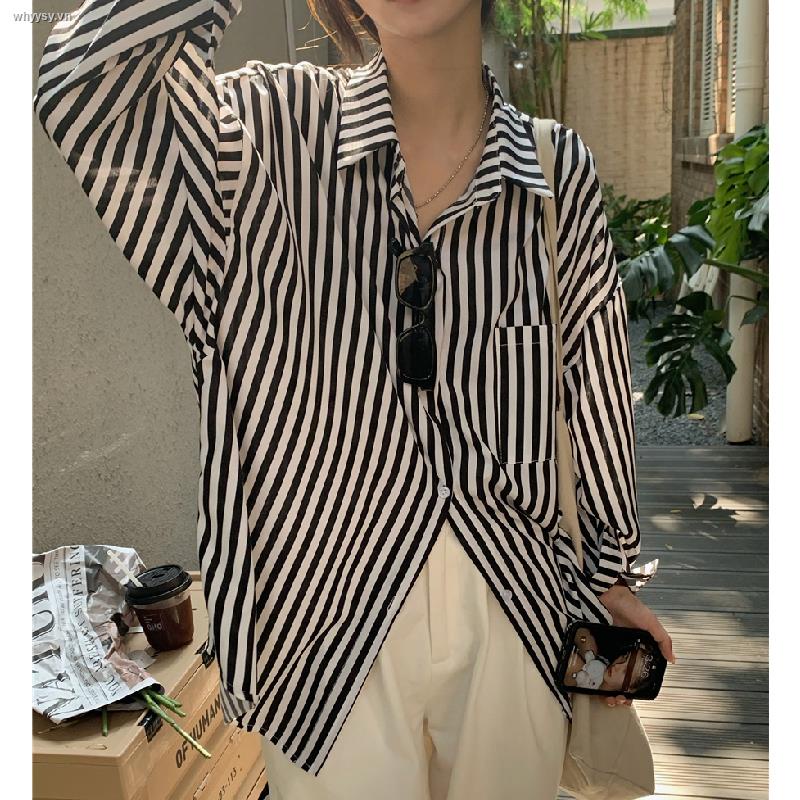 Áo Sơ Mi Tay Dài Dáng Rộng Họa Tiết Kẻ Sọc Phong Cách Retro Hong Kong Thời Trang Cho Nữ